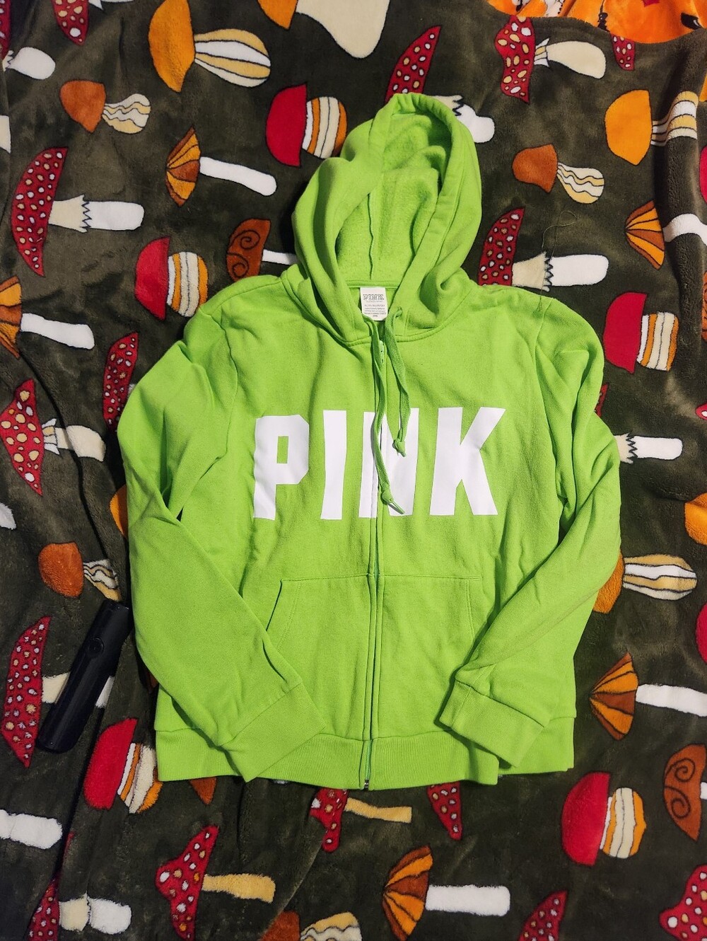 PINK Victoria's Secret Lime Green Zip-Up Hoodie with White Logo